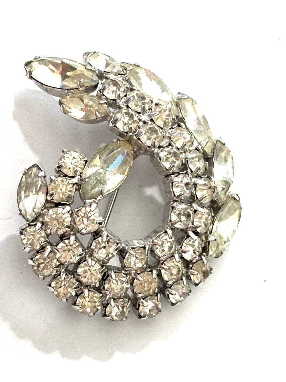 Vintage Continental 1950s Tiered Clear Rhinestone Swirl Brooch Silver Tone
